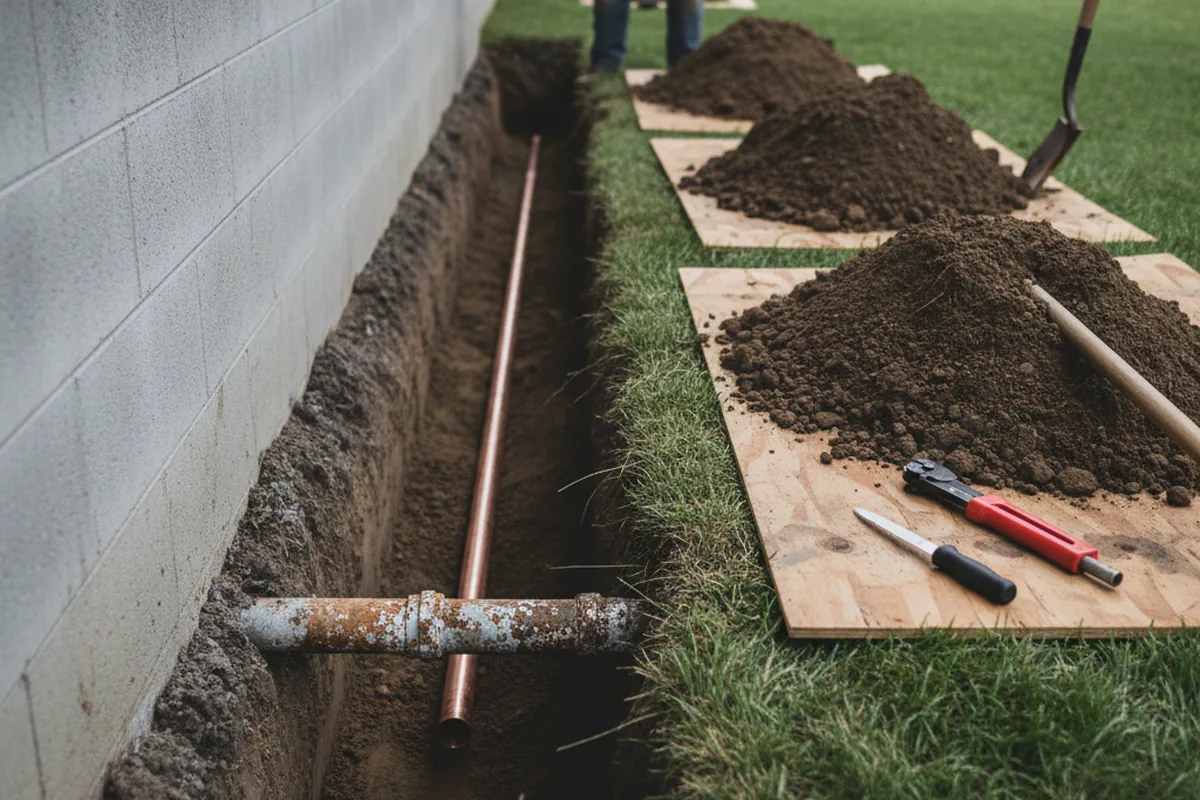 Excavated water line trench during Water Heater Repair in Jeffersonville